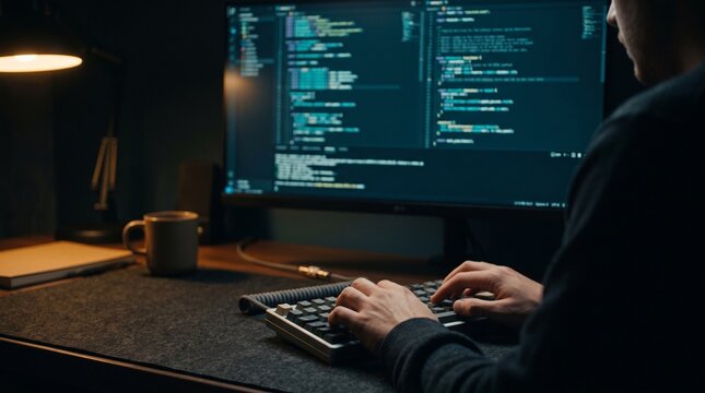 Software developer coding at a computer in a dark office