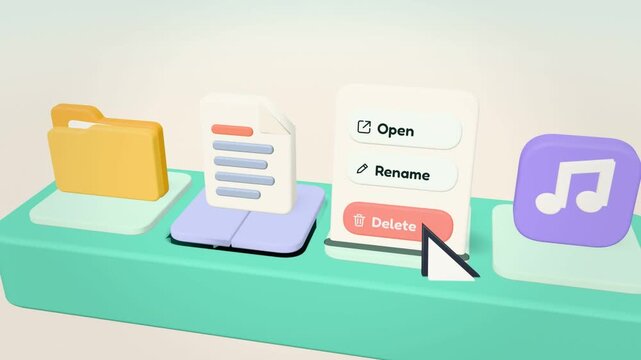 Delete file animation with 3D cursor clicking context menu and document icon dropping into tray hole