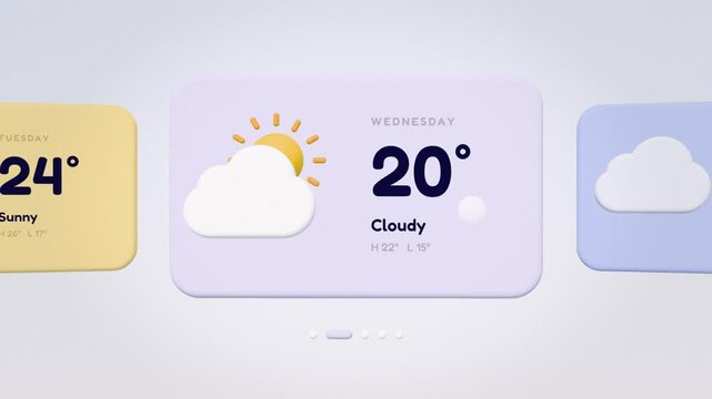 Weather forecast widget carousel sliding through day cards with 3D sun, cloud, rain and rainbow icons