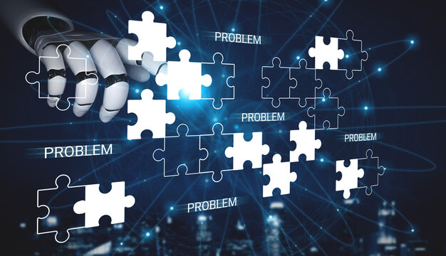A sleek robotic hand strategically places a puzzle piece into a digital layout, symbolizing problem-solving and innovation in a tech-driven urban environment. Nascent