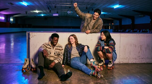 Roller rink friends celebrate after the final lap