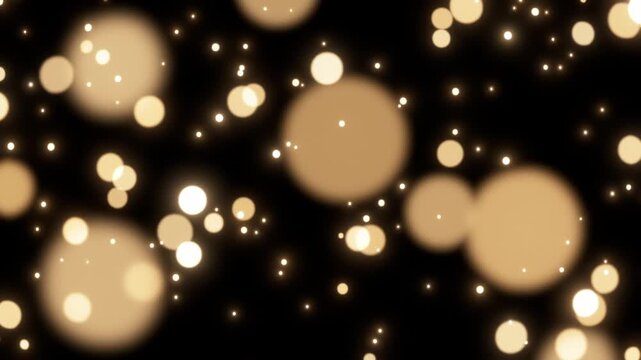 Golden bokeh particles falling on black background, defocused warm lights drifting down to fill the frame