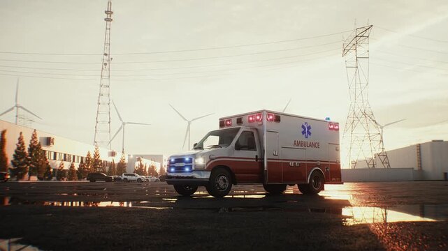 Emergency Ambulance Parked Outdoors at Sunset, Healthcare and Emergency Medical Services Concept.