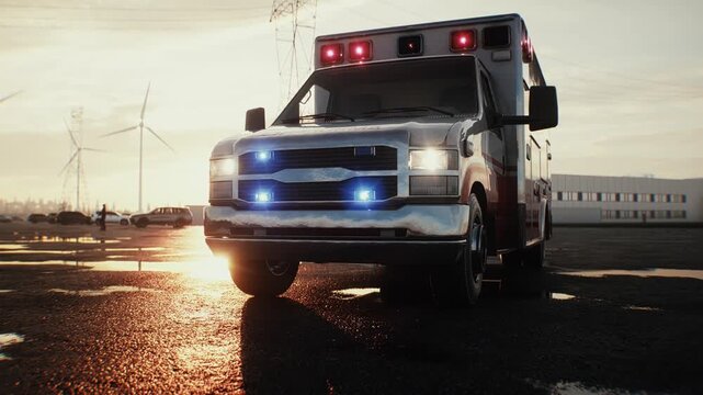 Emergency Ambulance Parked Outdoors at Sunset, Healthcare and Emergency Medical Services Concept.