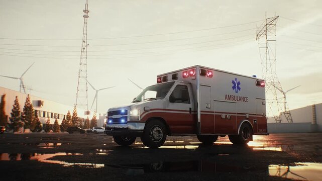 Emergency Ambulance Parked Outdoors at Sunset, Healthcare and Emergency Medical Services Concept.