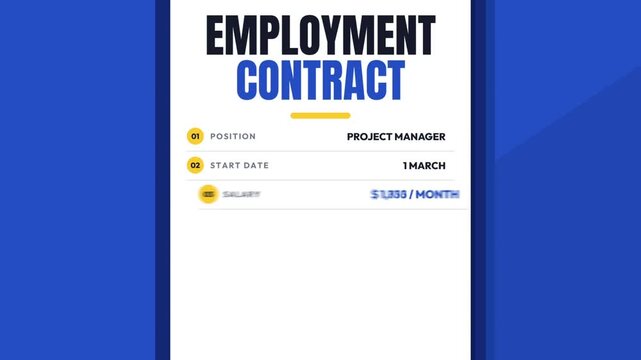 Employment contract signing animation, clipboard document with salary, benefit checkboxes and signature