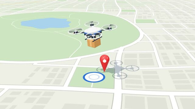 Drone delivery animation, quadcopter carrying parcel over 3D city map lowers package at location pin