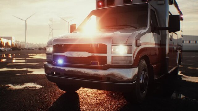Emergency Ambulance Parked Outdoors at Sunset, Healthcare and Emergency Medical Services Concept.