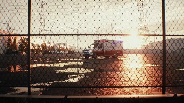 Emergency Ambulance Parked Outdoors at Sunset, Healthcare and Emergency Medical Services Concept.