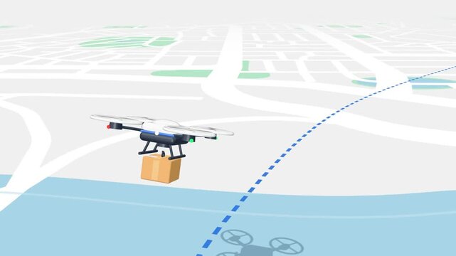 Package delivery drone flying along route from start pin to destination pin on 3D city map