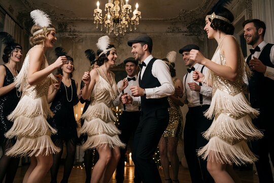 Friends dancing at 1920s Gatsby themed costume party
