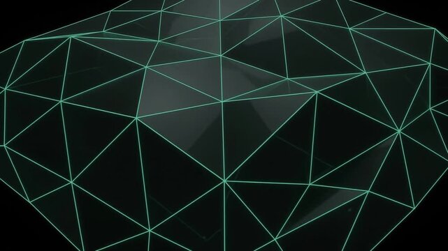 Futuristic Low Poly Wireframe Mesh Surface, Glowing Green Geometric Network Background, Digital Technology Visual