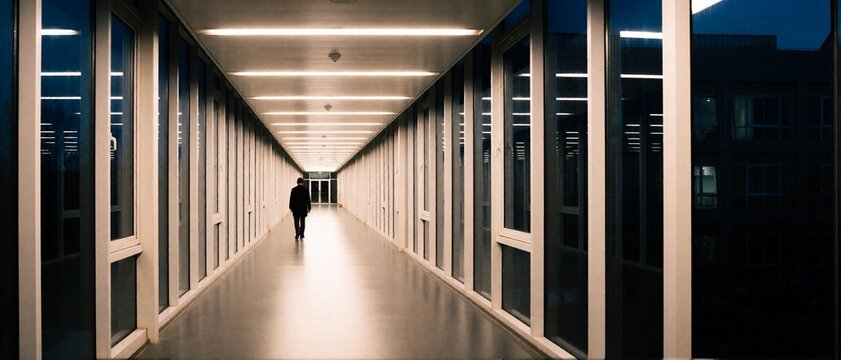 Lone man walking in modern glass corridor at night