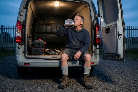Tired tradesman drinking water sitting in back of work van at dusk