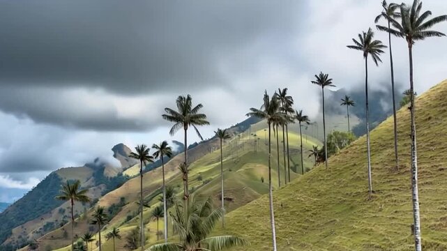 Cocora Valley with Giant Wax Palms Rising across Andean Mountain Slopes in Salento, Colombia. Time Lapse. Establishing Shot.