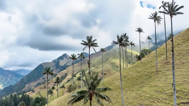 Quindio Wax Palm Ceroxylon quindiuense Growing on High Altitude Mountain Slopes. Time Lapse. Establishing Shot.