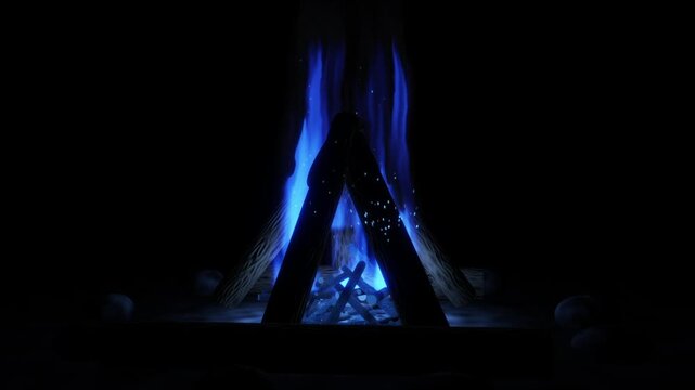 Blue campfire burning inside teepee log stack with rising sparks in darkness, 3D render, seamless loop