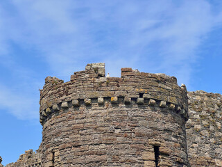 Beaumaris Castle, Isle of Anglesey, - july 17, 2026: A weathered stone castle tower with corbels and a broken battlemented parapet rises against a blue sky with thin cloud, with a white bird perched o © AnyaWhy
