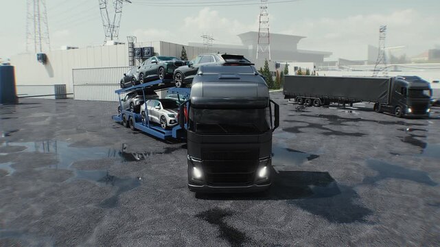 Car Carrier Truck Loaded with Vehicles Parked at a Logistics Hub Near Warehouses.