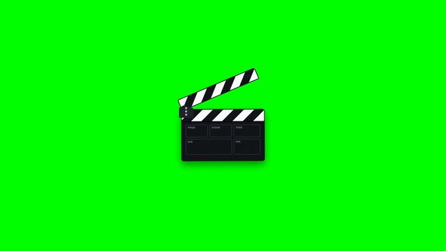 Black clapperboard opening and closing on green screen chroma key background for film production.