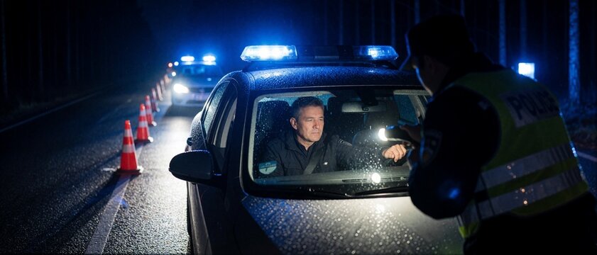 Police officer checking driver at night road checkpoint