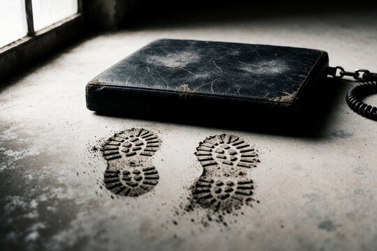 Worn leather briefcase with dusty boot prints on concrete floor