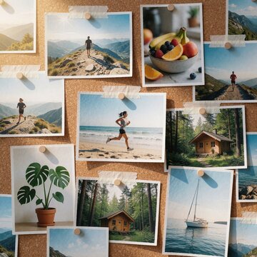 Corkboard mood collage featuring healthy lifestyle and travel photos
