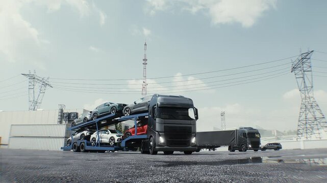 Car Carrier Truck Loaded with Vehicles Parked at a Logistics Hub Near Warehouses.