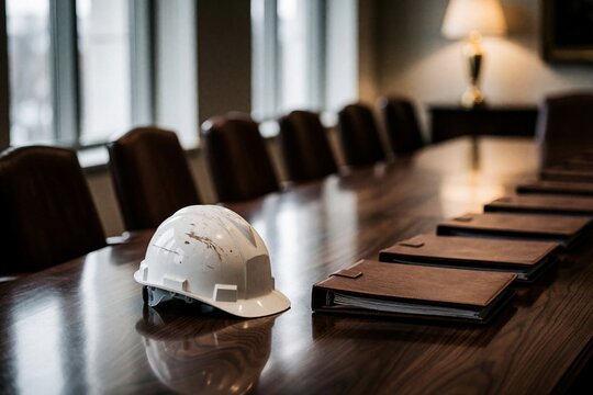 White construction hard hat on meeting room table