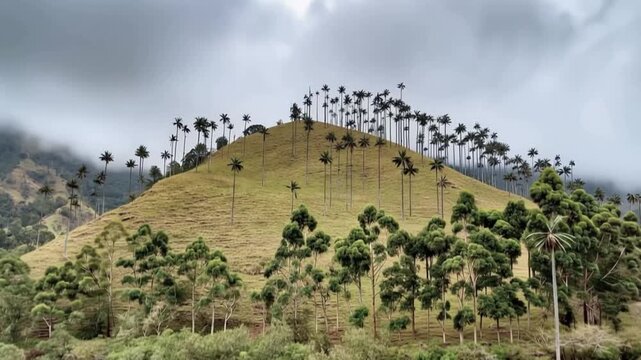 Cocora Valley Giant Quindio Wax Palms Towering above Mountain Hillsides in Salento, Colombia. Time Lapse. Establishing Shot.