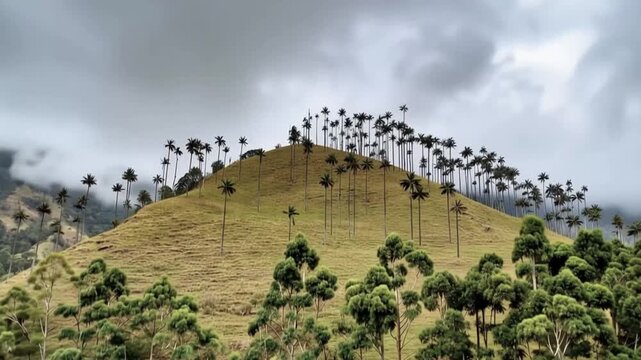 Cocora Valley with Giant Wax Palms Rising across Andean Mountain Slopes in Salento, Colombia. Time Lapse. Establishing Shot.