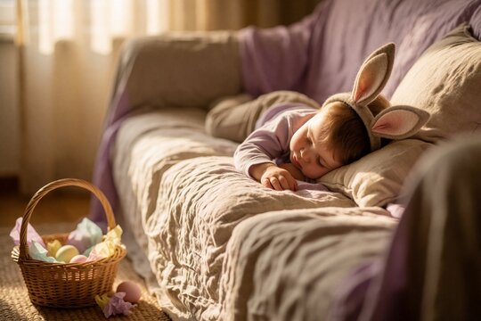 Sleeping toddler with bunny ears headband and Easter basket