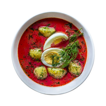 Traditional Polish botwinka soup with egg and potatoes, top view isolated on transparent background.