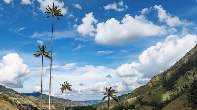 Quindio Wax Palm Ceroxylon quindiuense Growing on High Altitude Mountain Slopes. Time Lapse. Establishing Shot.