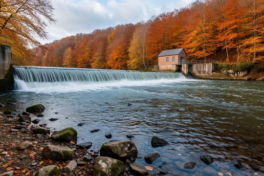 Autumn river weir with dam house in colorful forest