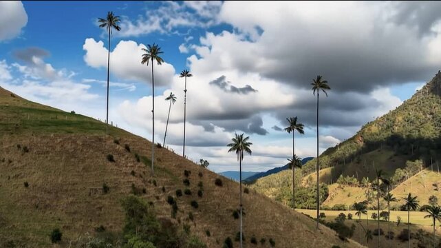 Quindio Wax Palm Ceroxylon quindiuense Growing on High Altitude Mountain Slopes. Time Lapse. Establishing Shot.