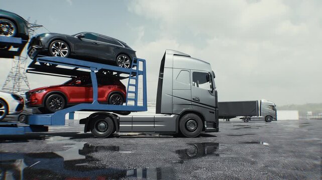 Car Carrier Truck Loaded with Vehicles Parked at a Logistics Hub Near Warehouses.