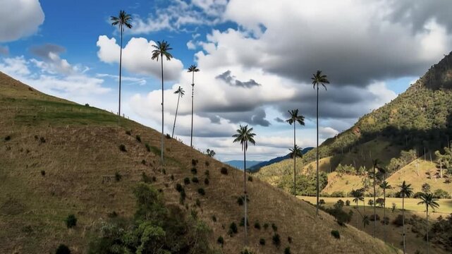 Cocora Valley Wax Palms among Mountain Slopes and Moving Clouds in Salento, Colombia. Time Lapse. Establishing Shot.