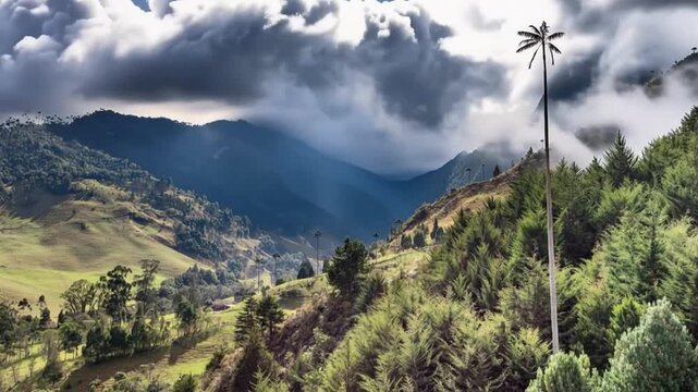 Cocora Valley with Giant Wax Palms Rising across Andean Mountain Slopes in Salento, Colombia. Time Lapse. Establishing Shot.