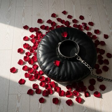 A black leather collar and chain on a cushion with rose petals