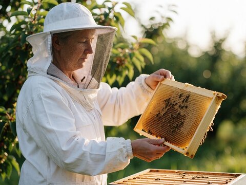 Female beekeeper inspecting honeycomb frame in apiary
