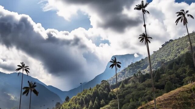 Cocora Valley Wax Palms among Mountain Slopes and Moving Clouds in Salento, Colombia. Time Lapse. Establishing Shot.