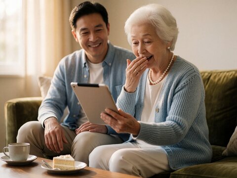 Happy senior woman and adult son looking at a tablet