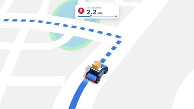 Courier car delivering parcel on map, distance to destination counts down from 3.4 km until arrived