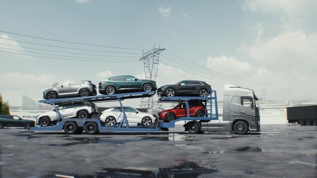 Car Carrier Truck Loaded with Vehicles Parked at a Logistics Hub Near Warehouses.