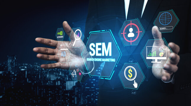 Professional Man Utilizing Modern Technology for Search Engine Marketing with Virtual Icons in a Night City Environment Fluxor.