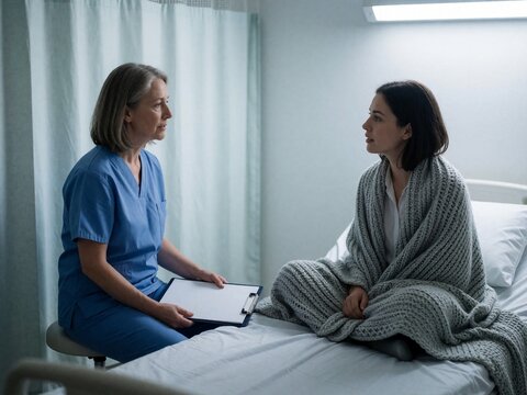 Nurse consulting with a female patient in a hospital bed