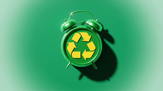 Green alarm clock featuring recycling symbol on green background for america recycles day awareness with environmental sustainability efforts timely action environmental eco