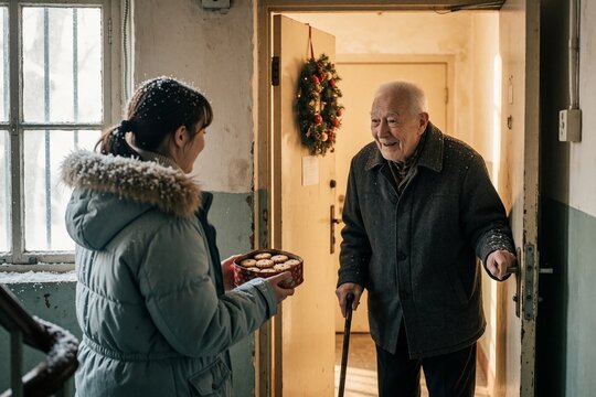 Young woman gifting Christmas cookies to senior man