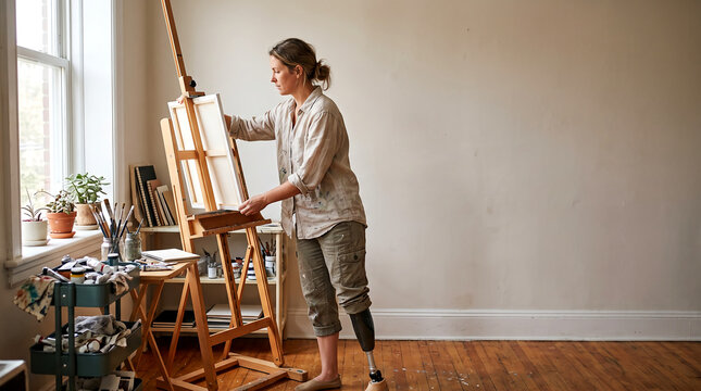 Commercial lifestyle stock photo of woman painting at an easel in a home art studio for handmade small businesses, showing an authentic everyday moment and softly blurred surroundings